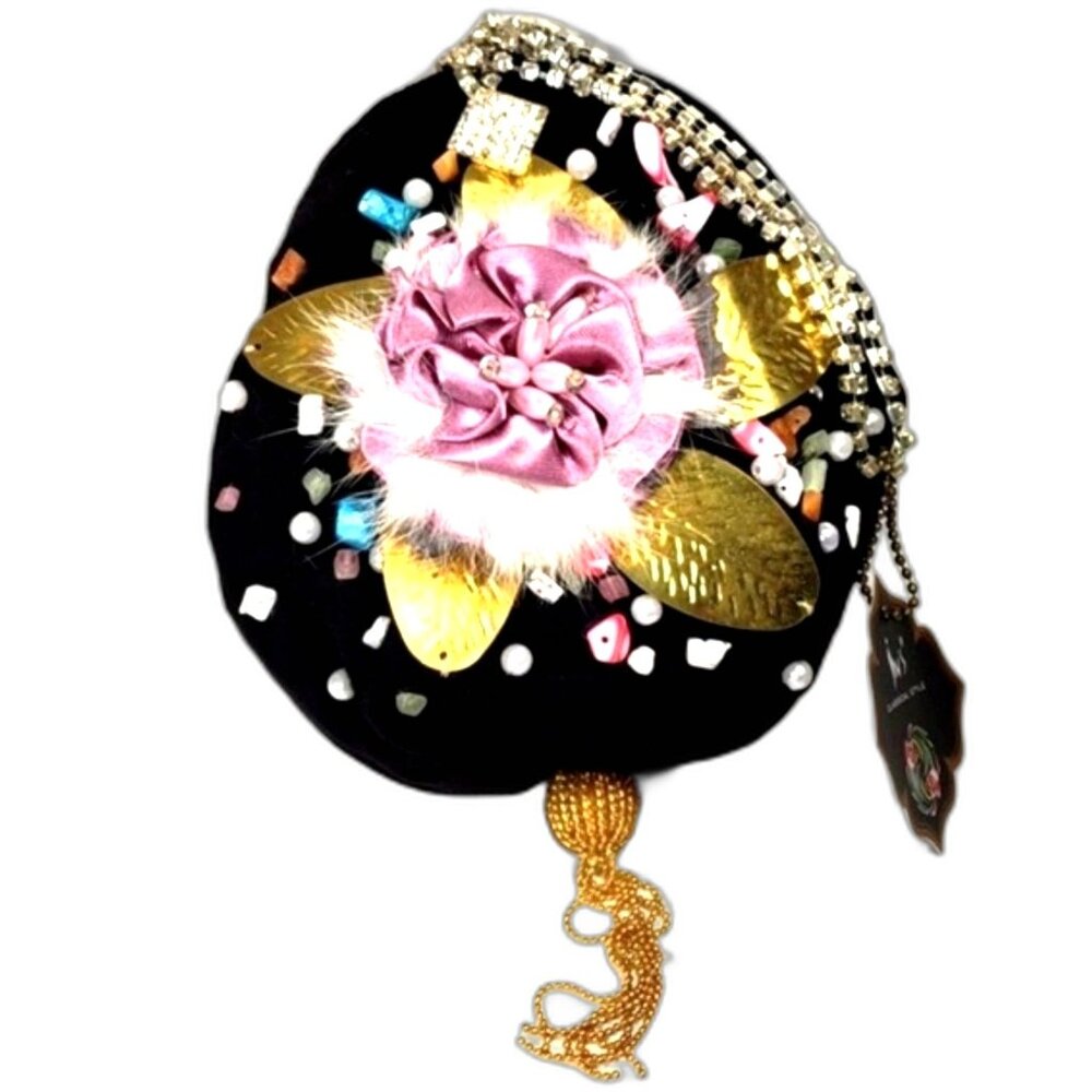 Black Coin Purse with Pink Satin Flower, Gems & Gold Leaf – Statement Mini Bag